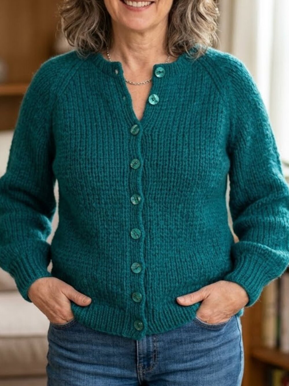 Vintage Handmade Hand-Knit Dark Green Chunky Knitted Cardigan Size L